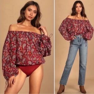 Free People Paisley Off-Shoulder Blouse - Red